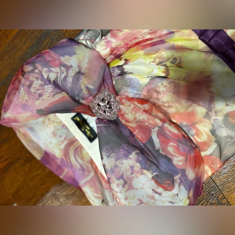 NWOT Mac Duggal 100% silk Vibrant Floral knee length Sleeve Dress size 4 - Picture 4 of 6
